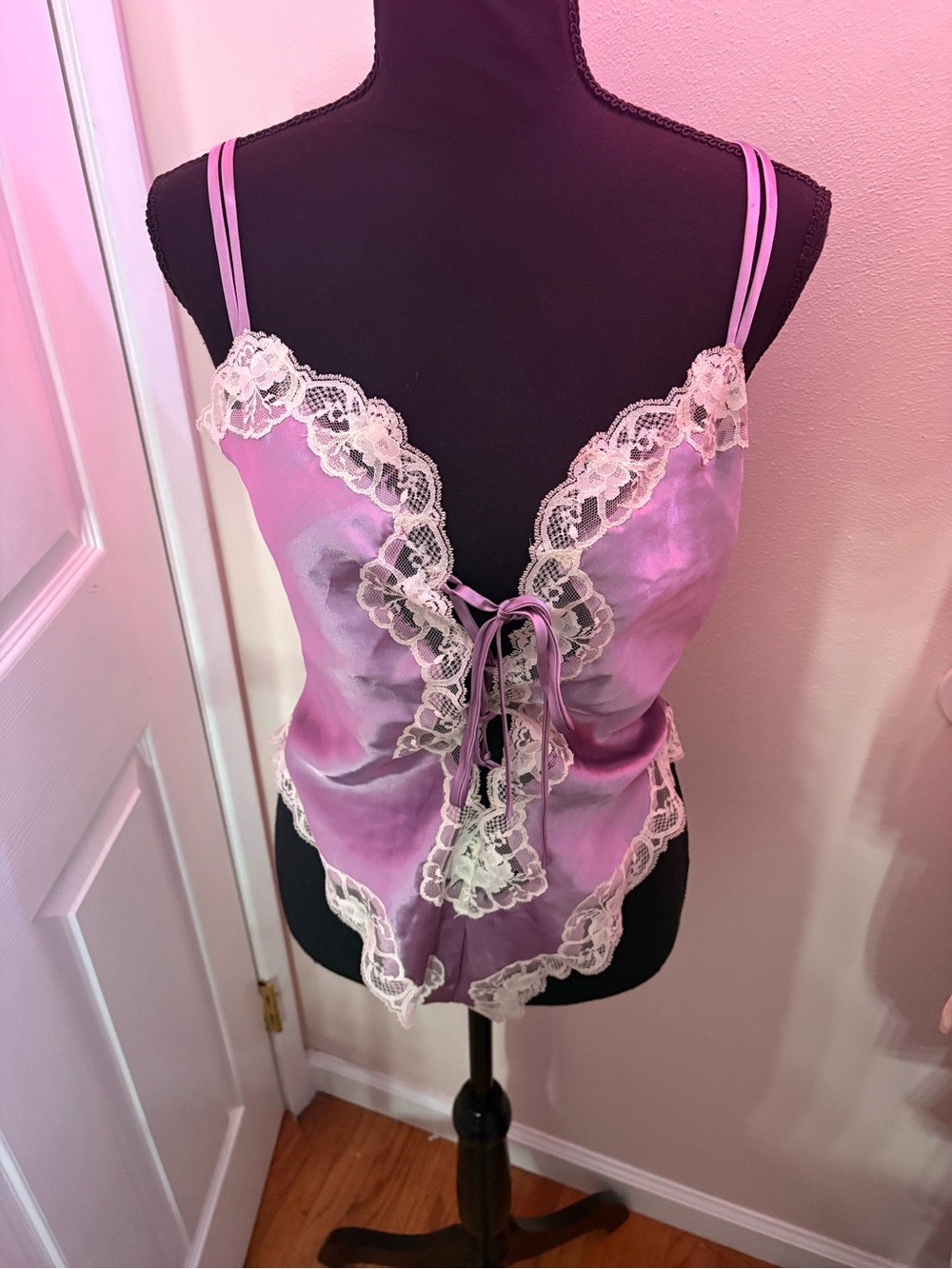 Vintage delicates Lavender Satin Bodysuit with Cream Lace Trim